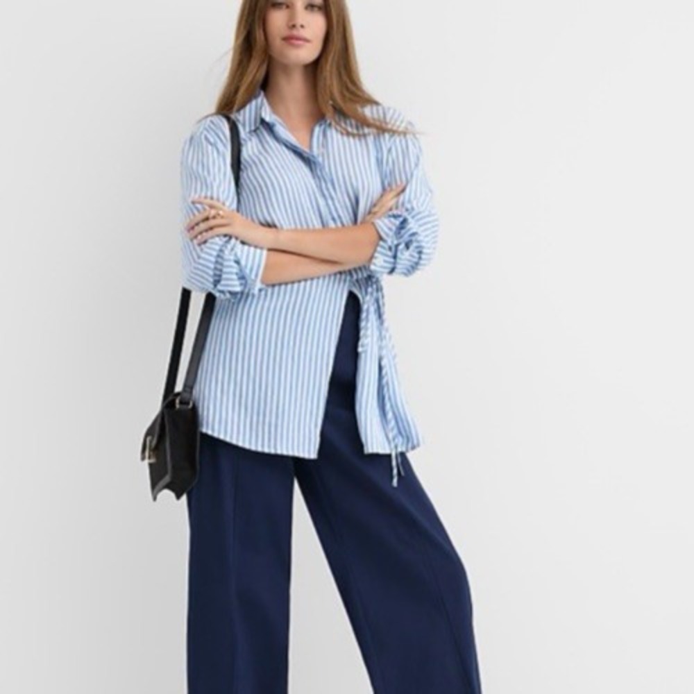 LOFT Women's XS Striped Asymmetrical Side Tie Tunic Shirt White Long Sleeve NEW
